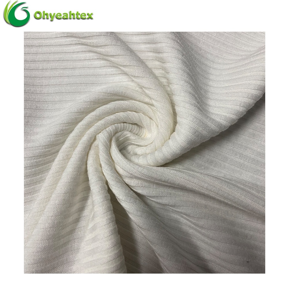 Breathable and Stretch White Color RPET Rayon 4x4 Rib Fabric for Woman Dress